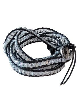 Victoria Emerson Black Leather White Clear Beads Wrap String Bracelet 37" L M986